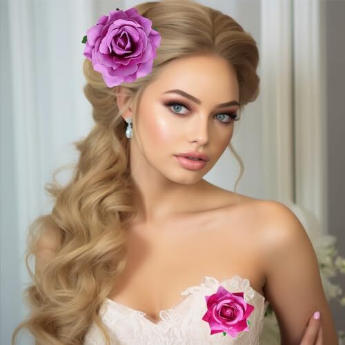 Rose Hair Clip Flower Hairpin Rose Brooch Floral Clips, 4 Pcs Light Purple - Picture 6 of 7