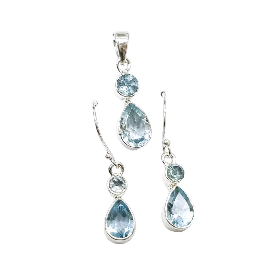Set Di Orecchini Pendenti A Goccia In Argento Sterling Con Topazio Blu Per Sposa - Immagine 4 di 4