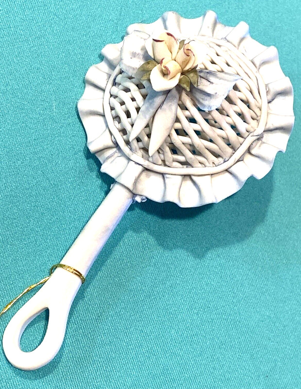 RARE Capodimonte Delicate Flower Hand Crafted Porcelain Baby Rattle Basket Weave