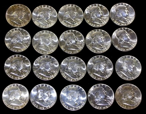 1963 90% Silver Franklin Half Dollars - Roll of 20 - $10 Face Value  BU #7