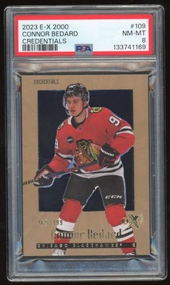 CONNOR BEDARD 2023 SKYBOX EX-2000 #109 "CREDENTIALS" ROOKIE CARD 269/499 PSA 8