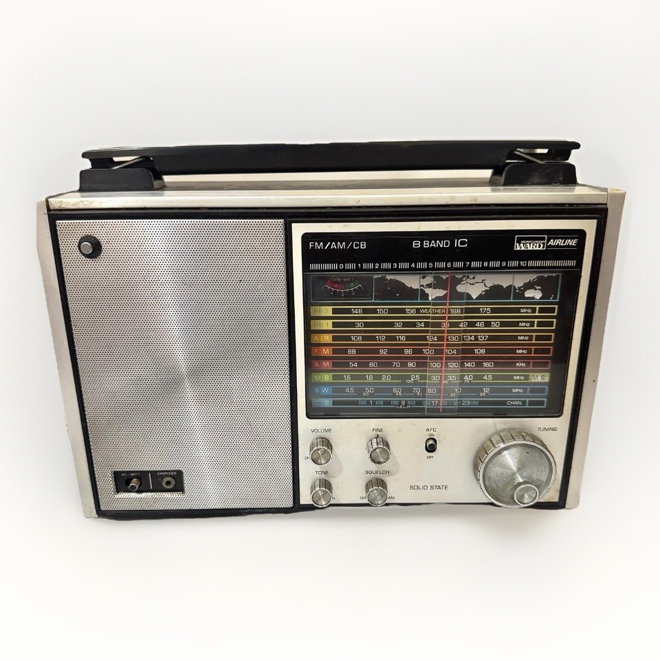 An 8-band AM/FM/CB radio from Montgomery Ward's defunct Airline brand — the CB band alone makes this a glorious relic of 70s trucker culture.
