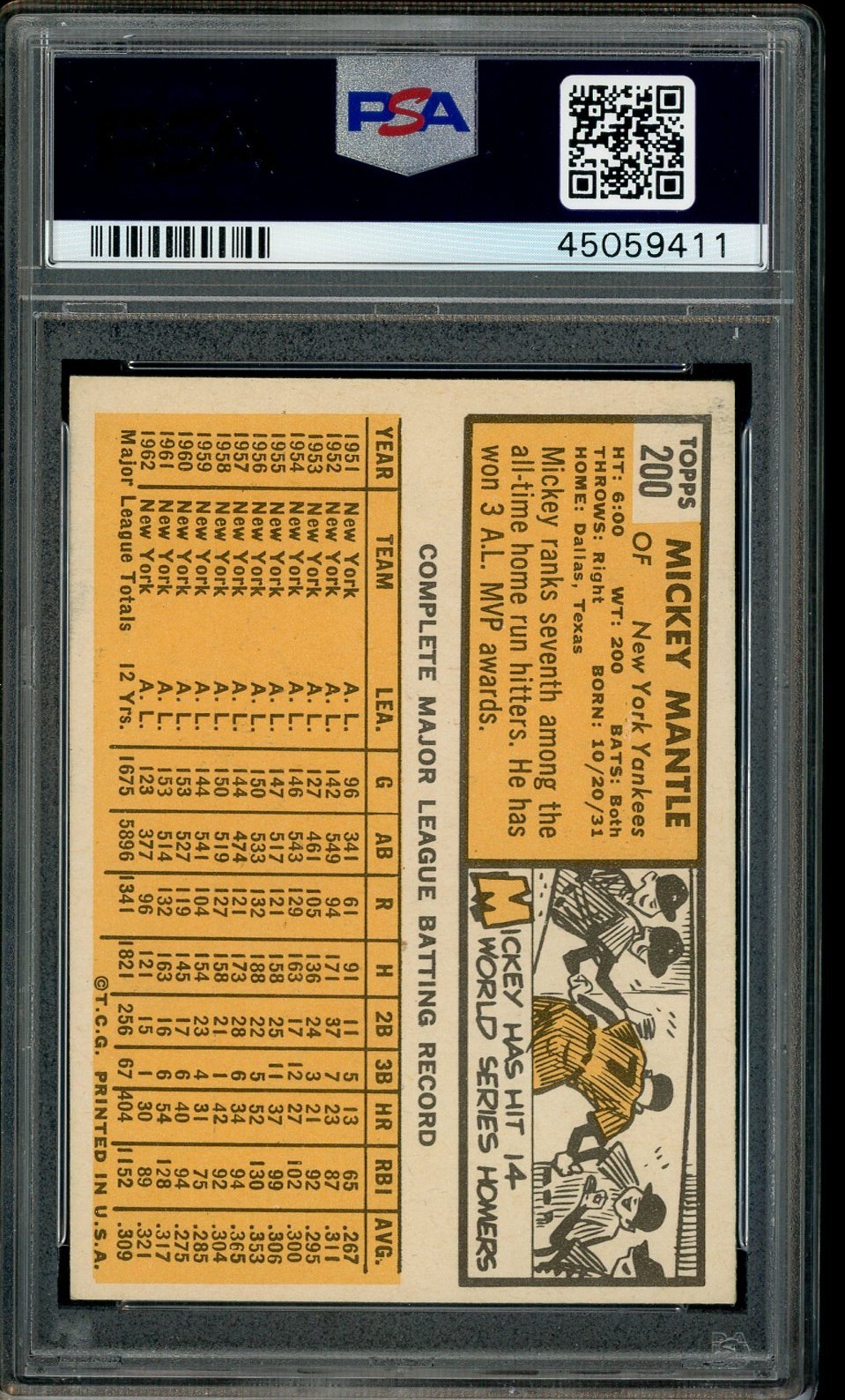 1963 Topps #200 Mickey Mantle New York Yankees HOF PSA 6.5 Centered Looks Nicer view 3