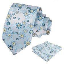 Mens 3.15'' Natural Flower Pattern Tie with Floral Pocket 146-light Blue teal
