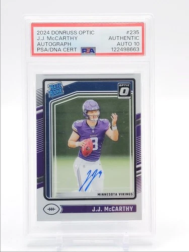 J.J. MCCARTHY 2024 DONRUSS OPTIC RATED ROOKIE VIKINGS RC AUTO /325 PSA Q3668