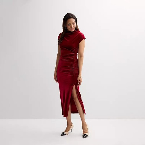 Robbie Bee Women's High Neck Ruched Velvet Midi Dress Brick Red Size L