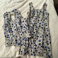 Vintage Mixit Floral Linen Rayon Vest & Dress Set Blue Gray Sleeveless Deadstock