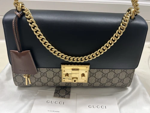Authentique sac bandoulière/épaule Gucci GG Supreme cadenas noir et marron moyen