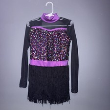 Weissman Dance Costume SC   Black Fringe Skirt, Sequin Top, Long Sleeve