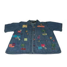 New Directions Women's Medium Blouse Denim Button Embroidered Pineapple Sequins