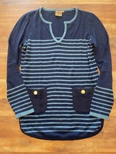 Tory Burch Odessa Striped Tunic Sweater Wool Cashmere Blue Knit Gold Button M