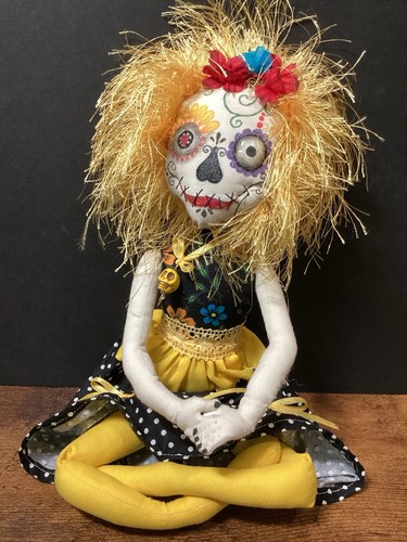 Hand Created Artist Cloth Doll Dia De Muertos Day Of The Dead
