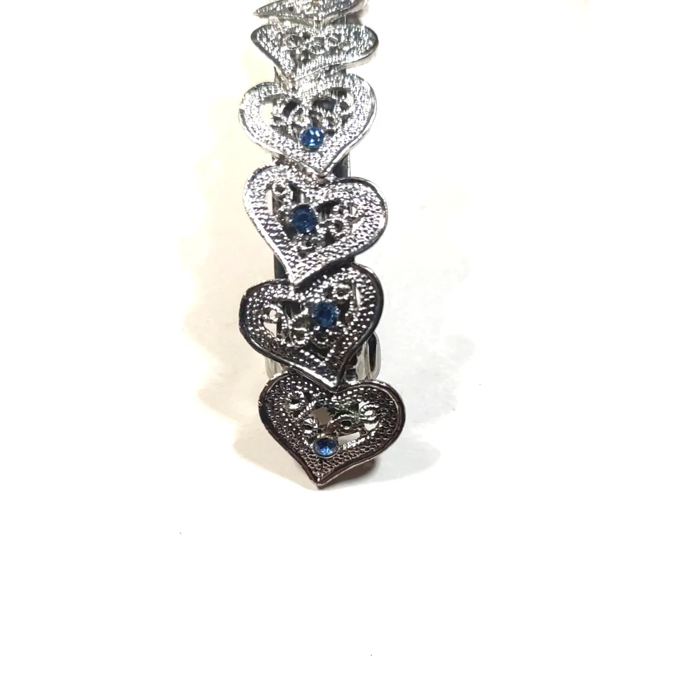 Hair Barrette Tension Clip Silver Tone Hearts Blue Purple Rhinestone 4" Long - Image 3 of 4