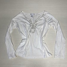 Charolette Russe Vintage Y2K White Beaded Sequin V-Neck Long Sleeve Top Large