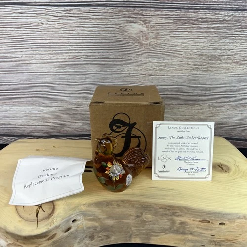 Fenton Lenox Sunny The Little Amber Rooster Hand Painted Glass Figurine W/Box
