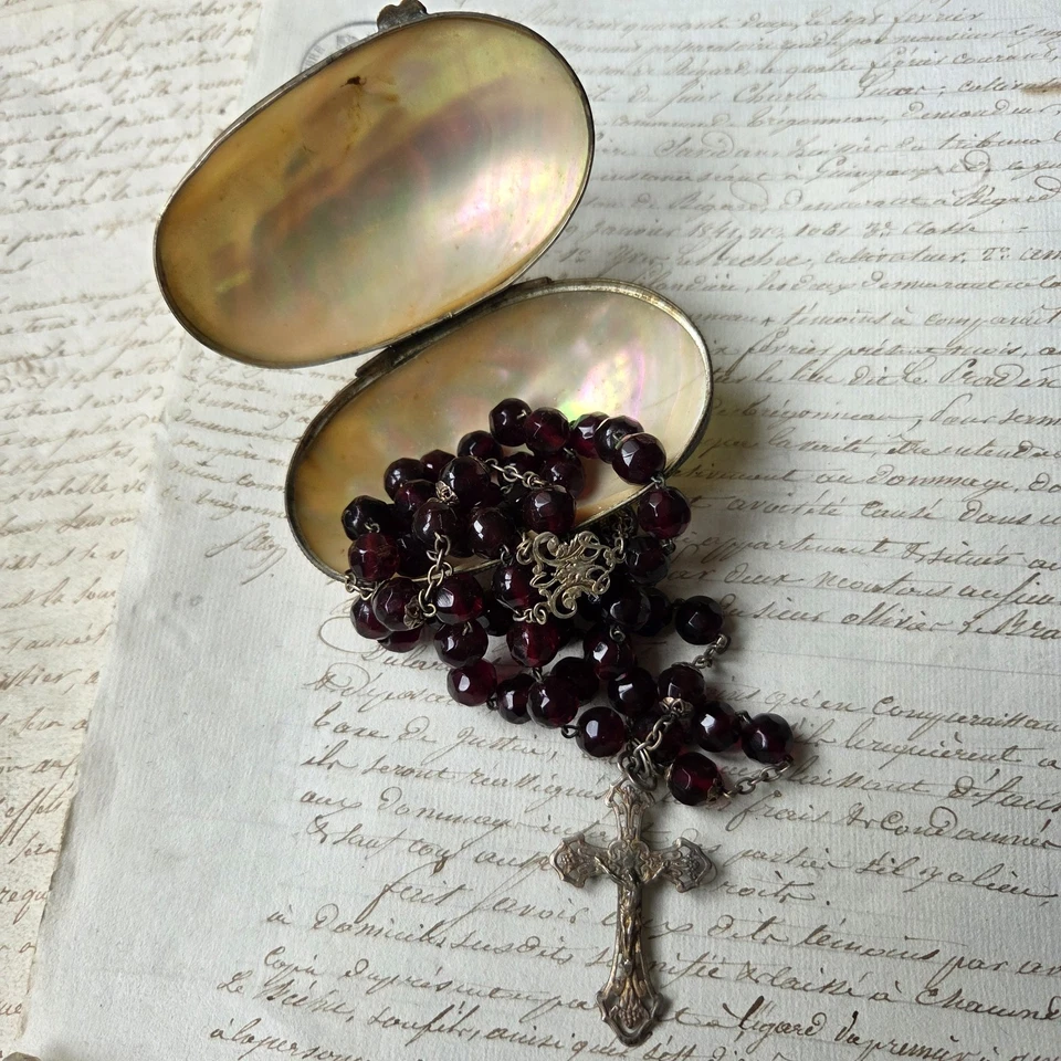 Chapelet Ancien Argent Cristal Grenat Boite Œuf Nacre XIXè French Rosary 19thC - Photo 4/4