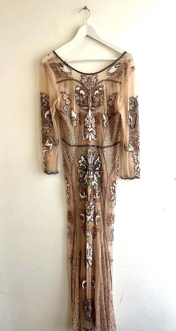 slim fit dress slacks Self-Portrait - Gold Metallic Feather Maxi Dress main image 0