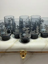 Vintage Libbey Dutch Blue Glasses 8 White Hand Painted Mary Gregory Tumblers