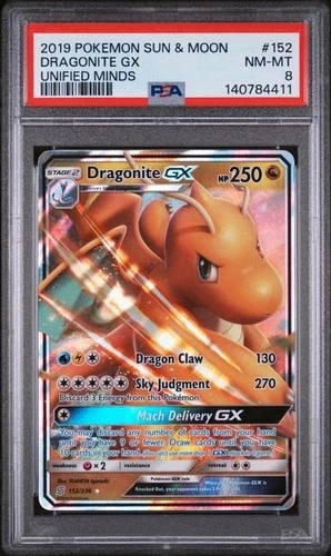 2019 Pokémon Sun and Moon Dragonite GX #152 Unified Minds PSA 8 NM-Mint