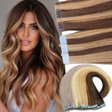 Tape In 100 Remy Human Hair Extensions Invisible Skin Weft Full Head Brown 120g