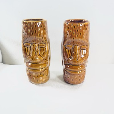 Vtg Easter Island Moai Tiki Mugs Brown Ceramic Set 2
