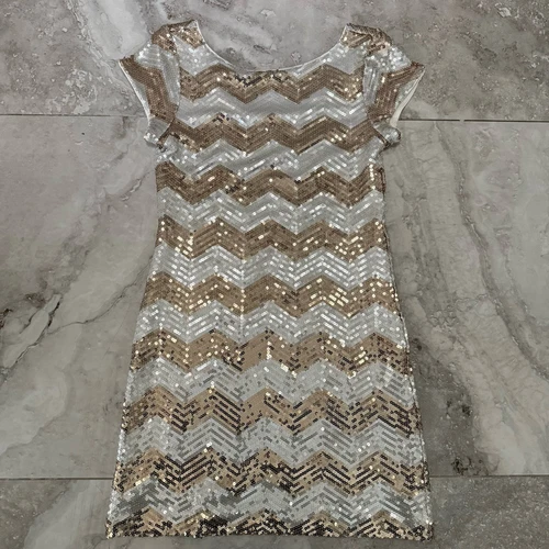 OFF WHITE Abito tubino festa paillettes Chevron oro bianco sporco White Ho Black Market piccolo