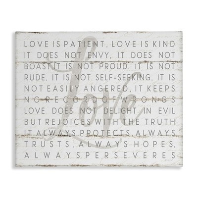 'Love Is Patient Grey on White Planked Look', Canvas Art, 20 x 16 Inches, Eas...