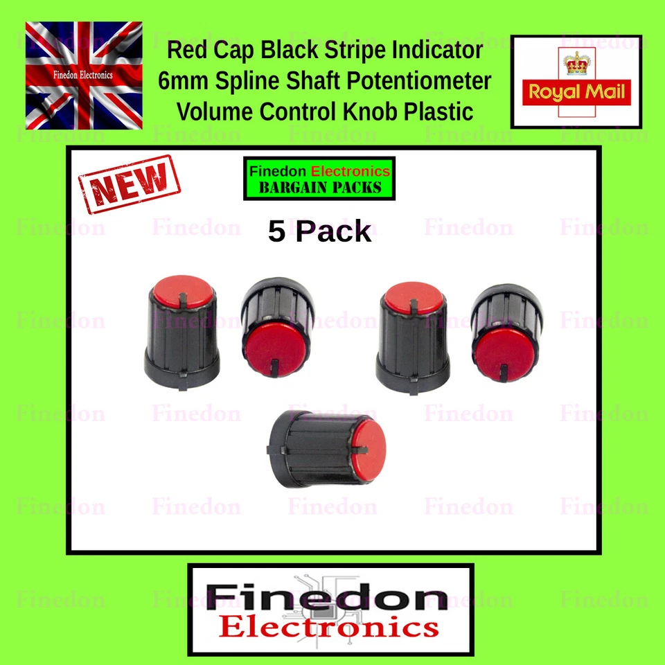 FINEDON 5 x Red Cap 6mm Hole Knurled Shaft Potentiometer Volume Control Knob Cap Plastic