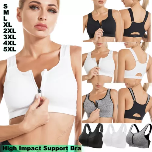 Plain Zipper Women Front Closure Sports Bra Racerback Yoga Gym Bra Size S-5XL - Picture 1 of 30