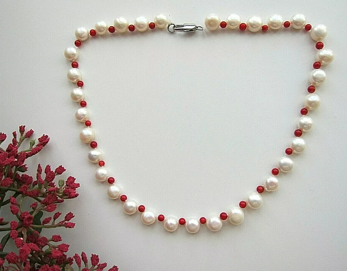 Red or Pink Coral Freshwater Cultured Pearl Biwa Pearl Necklace