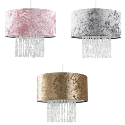 VALUELIGHTS 2x Ceiling Light Shades Velvet Drum Lampshades Jewel Droplet Pendant LED Bulbs