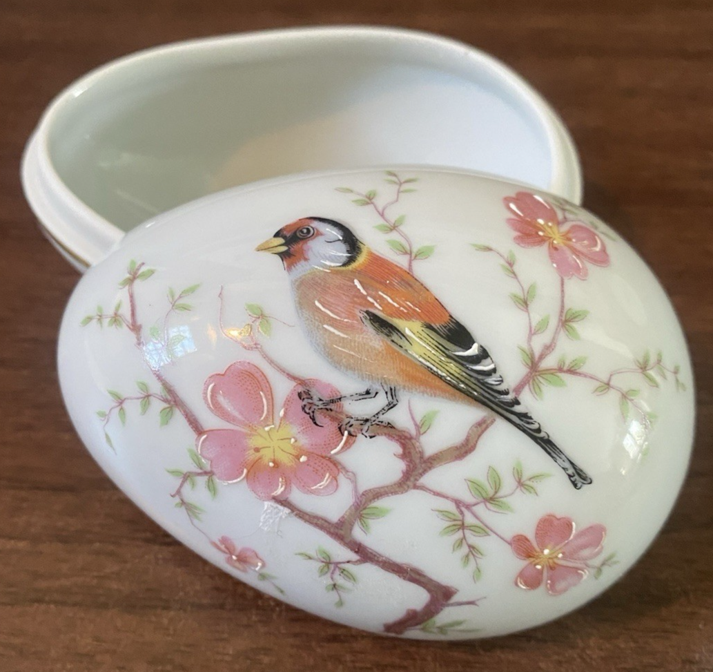 Vintage Limoge Egg-Shaped  Trinket Dish with Painted Bird & Floral Motifs