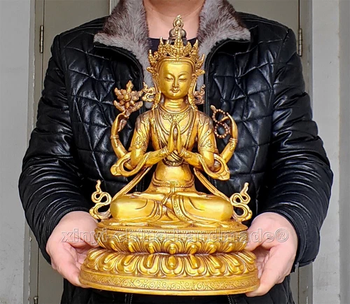 Antique Kwan-yin Buddha Statue blessed 4 arms guanyin Old Bronze gilt 12.4“/31cm - Picture 1 of 10