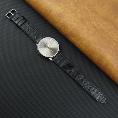 Black Crocodile Leather Watch Band Real Crocodile Thin Watch Strap Men Handmade