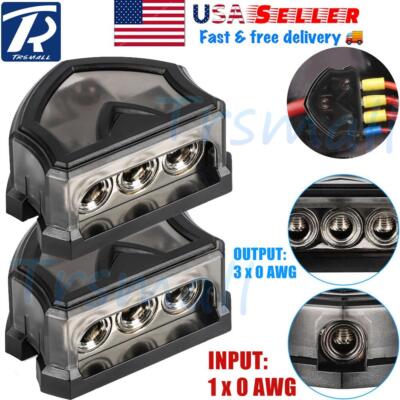 2PCS 3 Way 0 Gauge Input to 0 Gauge Output Power Ground Amp Distribution Block