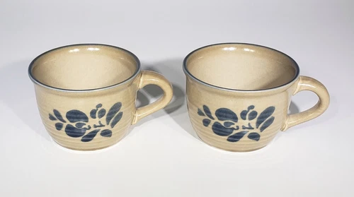 Vintage Pfaltzgraff Stoneware Folk Art Blue Tan Mug Cup Set Of 2 Mugs 2.5" EUC