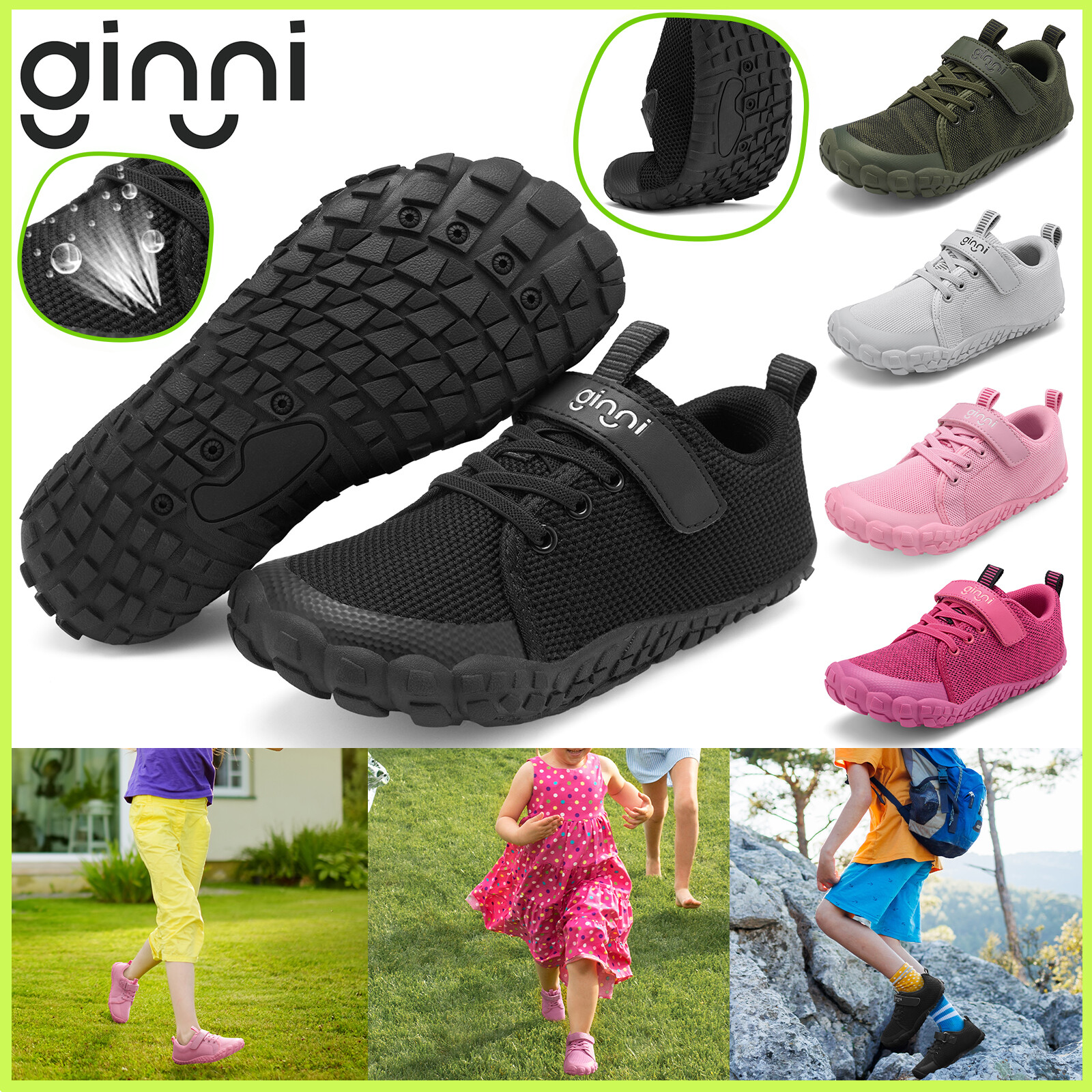 GINNI Kids Zero Drop Barefoot Breathable Minimalist Camping Tennis Sneakers
