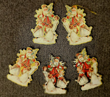Vintage Santa w/Kids Christmas Die Cut Cardboard Ornaments 5-Lot Doubleside 5"