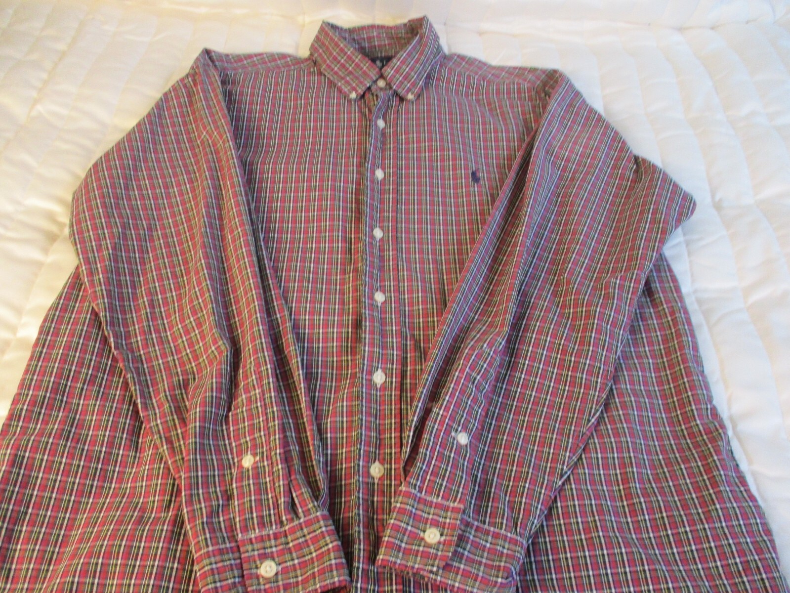 Ralph Lauren Camicia Uomo Grande Rosso Verde Tartan Plaid Blu Pony Manica Lunga*