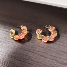 Floral Resin Hoop Stud Semi Hoop Earrings Dried Flowers Boho Chic G107 
