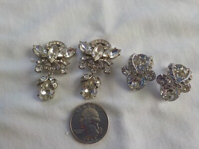 Vintage 2 Pair Clear Rhinestone Clip Earrings Dangle Drop Germany US Zone Eisenb