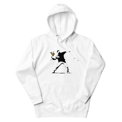 BANKSY FLOWER THROWER UNISEX HOODIE SWEATSHIRT PEACE BOMB GRAFFITI NEW w/ TAGS