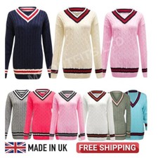 Womens Cable Knitted JUMPER Ladies V Neck Long Stretch CRICKET Pullover Top 8-26