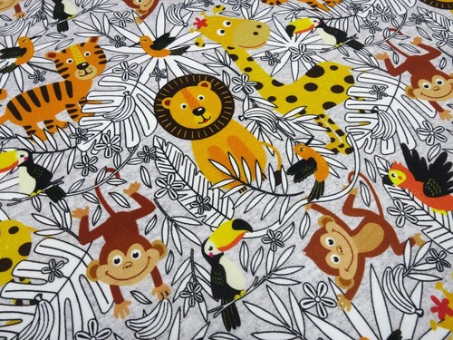 Stoff Baumwolle Jersey Tiere Affen L wen Giraffen Grau Orange Bunt 