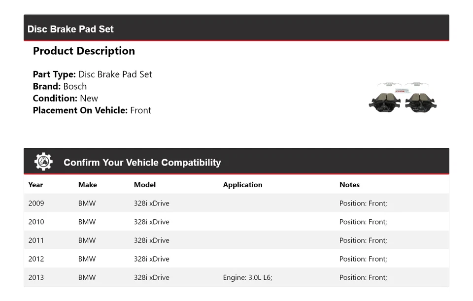 Pastillas de freno delanteras de cerámica QuietCast Bosch 2009-2013 BMW 328i xDrive 2010 2011 Foto 2 de 4