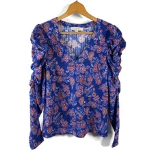 LOFT Womens Blue Blouse Size Medium Floral Long Sleeve Ruched Shoulder V-Neck