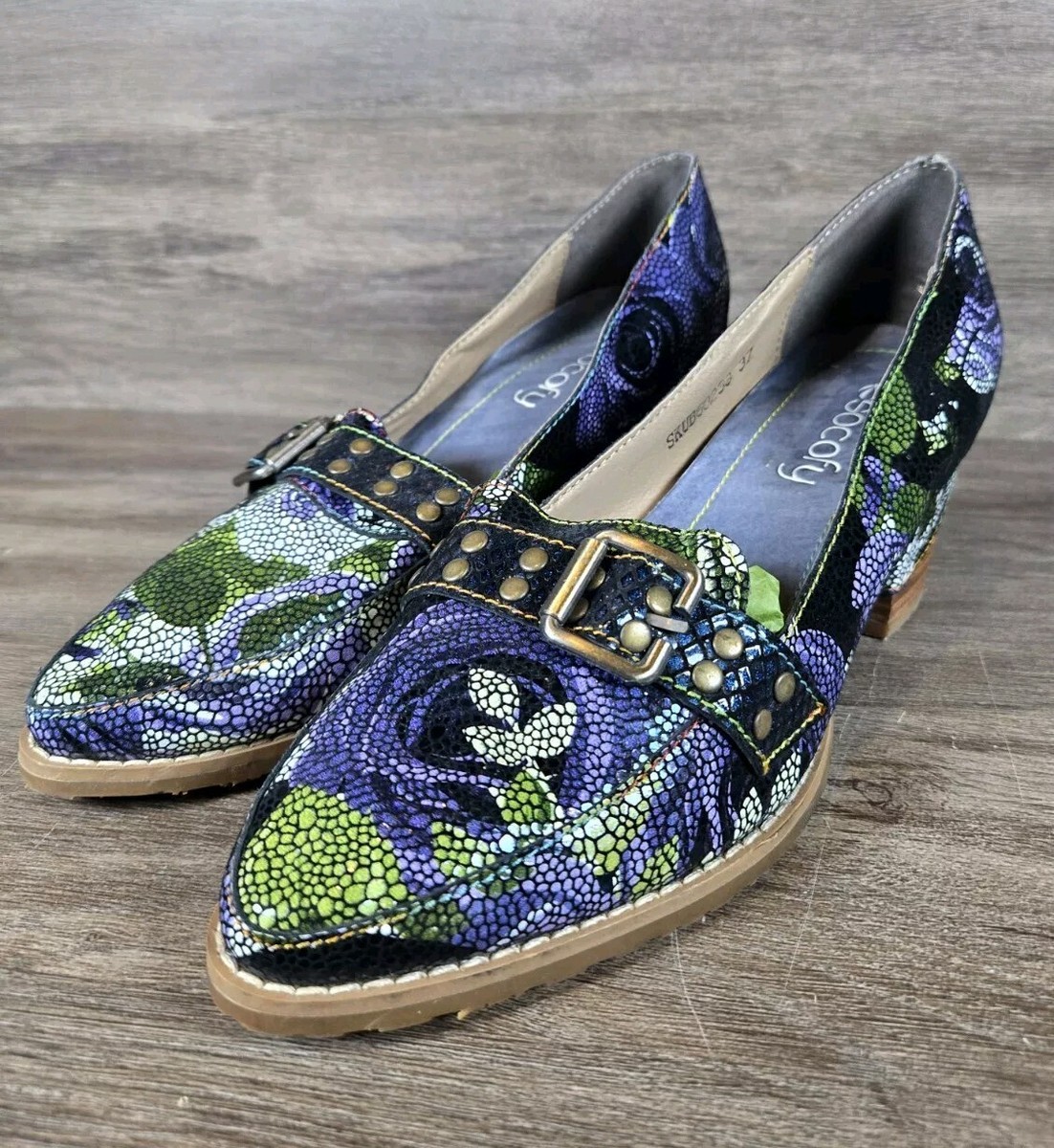 Socofy Mosaic Rose Leather Pump Modern Art Heel Purple Floral Shoe Sz 37 US 