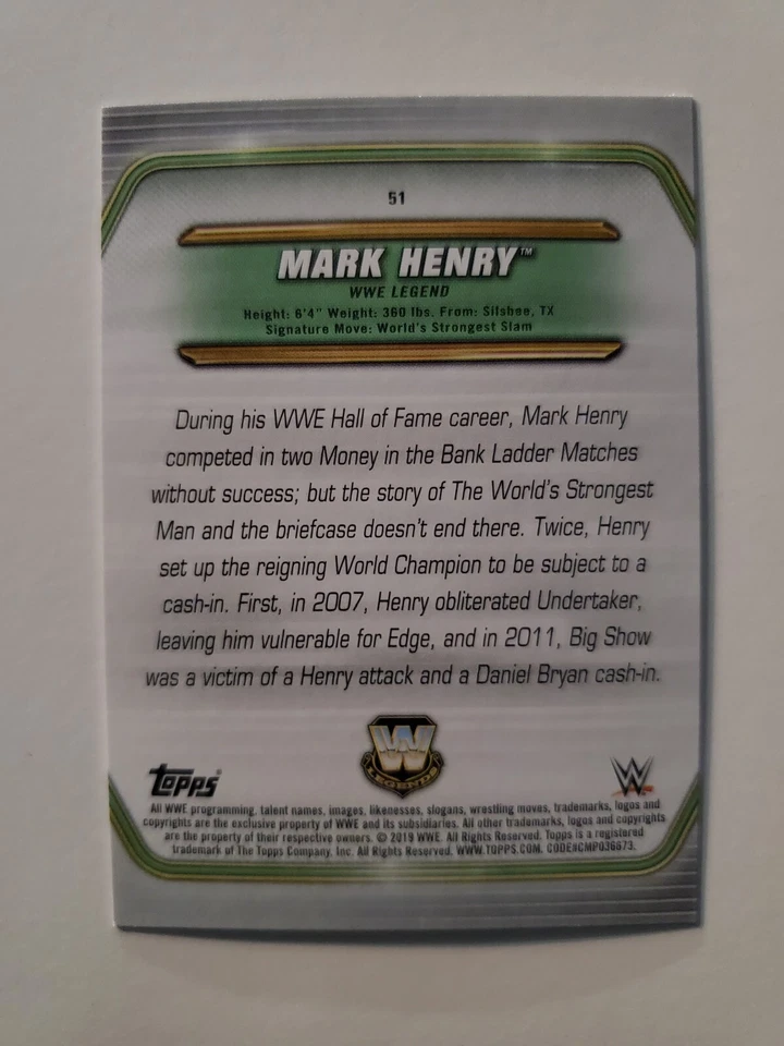 2019 Topps WWE Money In The Bank BRONZE 〜 #51 MARK HENRY - Image 2 of 2