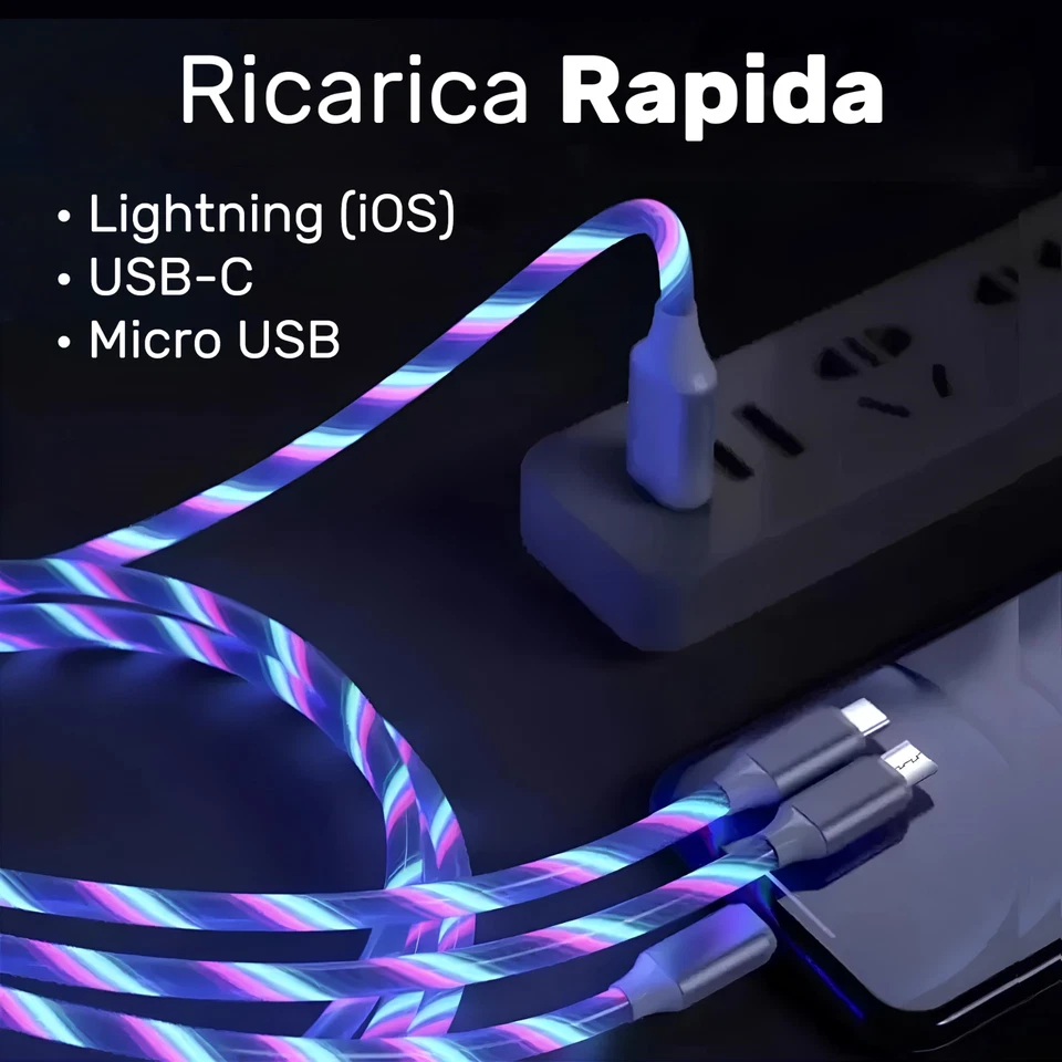 Cavo Ricarica Rapida Cellulare Luminoso 3 Porte in 1 USB C iPhone iOS Micro USB - Immagine 2 di 4