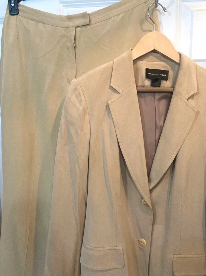 August Seda 100% Seda Conjunto de Traje Pantalón Dos Piezas Caqui Carrera Profesional Talla 12 Foto 2 de 4